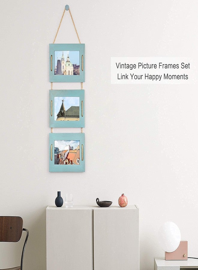 DLQuarts 5x7 Hanging Picture Frames Collage Wall Decor, 3-Opening Photo Frames 5x7 without Mat & 3.5x5 with Mat, Rustic Wood 3 Photo Frames, Ocean Blue - Image 2